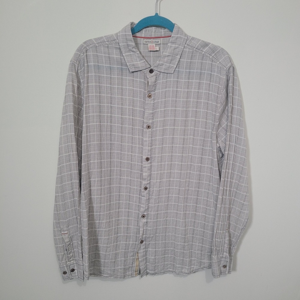 Carbon2Cobalt Size L Button Down Shirt Mens Grey White Grid Linen Blend SL9